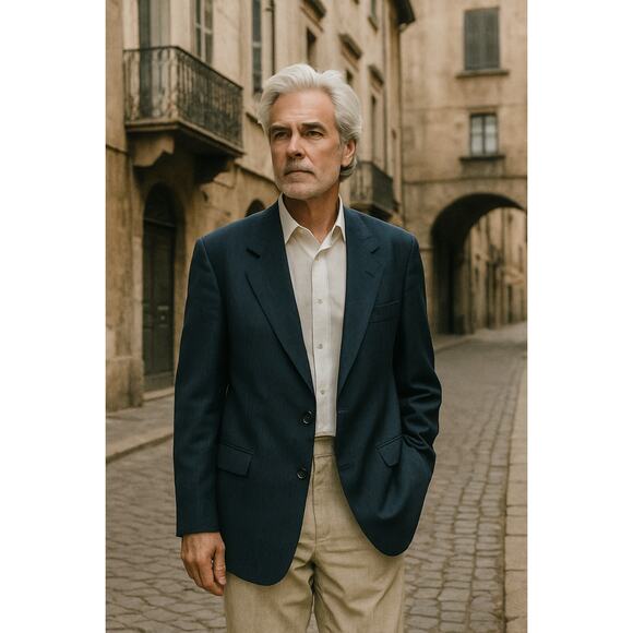 Cecil Gee Navy Blue Blazer Jacket 48 Made in Switzerland Viscose Pinstripe Hole - Picture 1 of 16